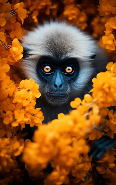 View of wild gibbon ape in nature with flowers