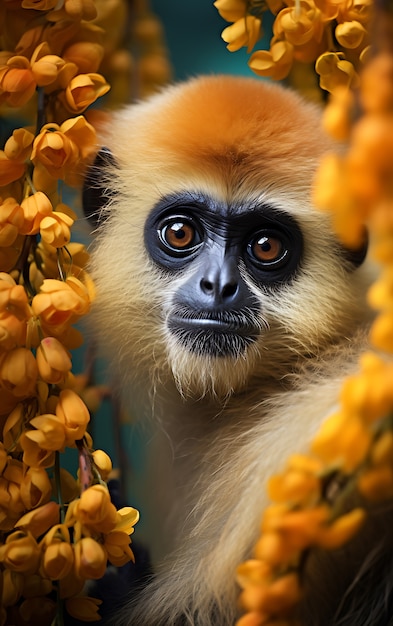 Free photo view of wild gibbon ape in nature with flowers