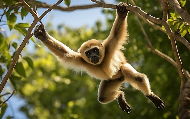 Free photo view of wild gibbon ape in tree