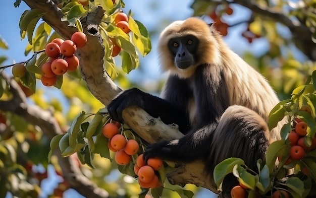 Foto gratuita veduta di una scimmia gibbone selvaggia sull'albero
