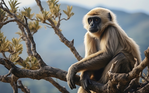 View of wild gibbon ape in tree