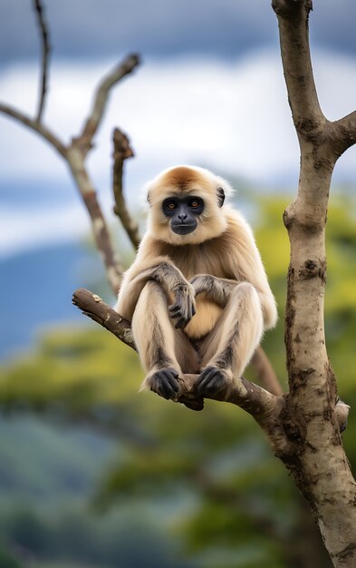 view of wild gibbon ape in tree