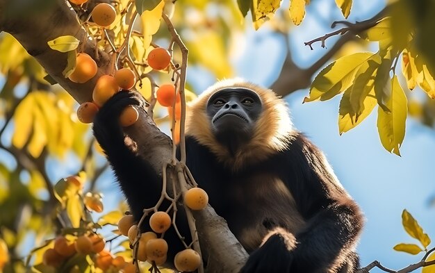 View of wild gibbon ape in tree