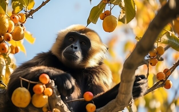 View of wild gibbon ape in tree