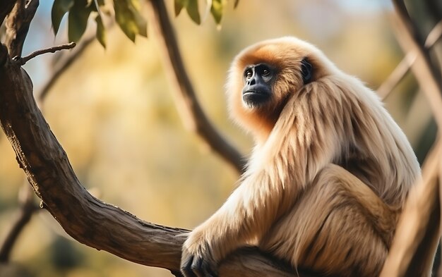 View of wild gibbon ape in tree