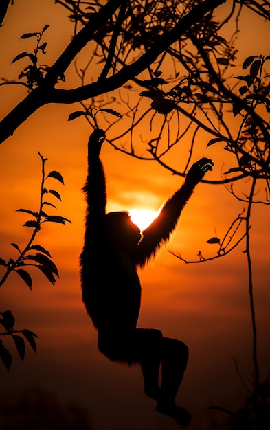 view of wild gibbon ape in tree