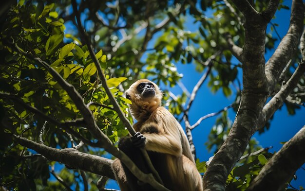 view of wild gibbon ape in tree