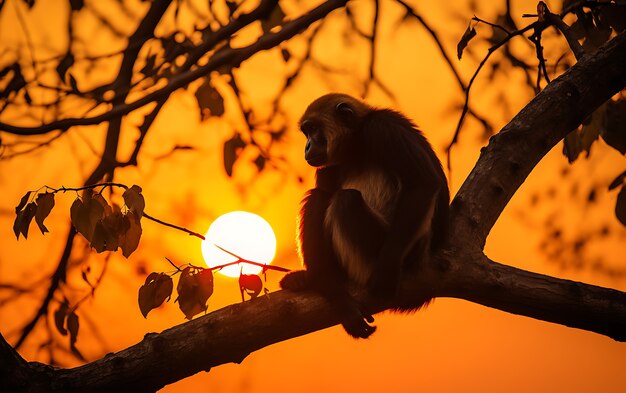 View of wild gibbon ape in tree