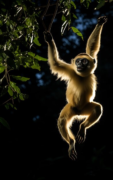 View of wild gibbon ape in tree