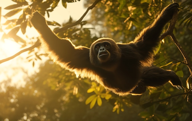 view of wild gibbon ape in tree