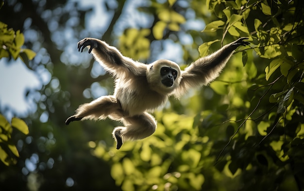 Free photo view of wild gibbon ape in tree