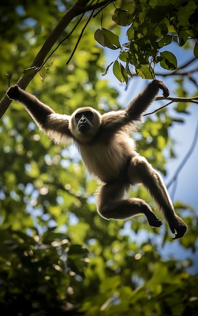 View of wild gibbon ape in tree