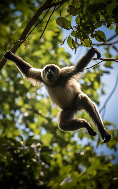 view of wild gibbon ape in tree