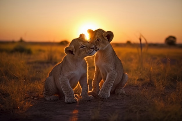 View of wild lion cubs in nature