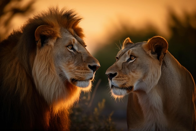 View of wild lioness and lion in nature