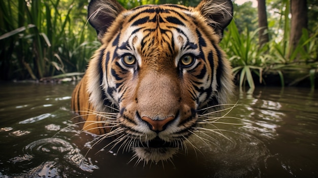Вид дикого тигра в воде