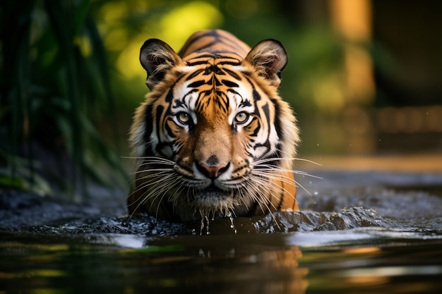 Вид дикого тигра в воде