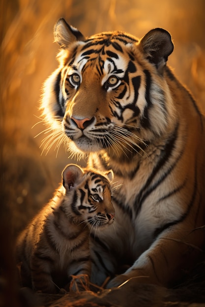 Foto gratuita vista di una tigre selvatica con il cucciolo in natura