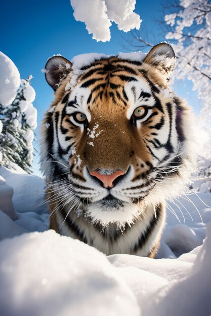 View of wild tiger with snow