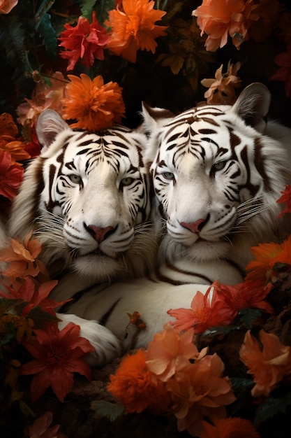 View of wild white tigers with leaves