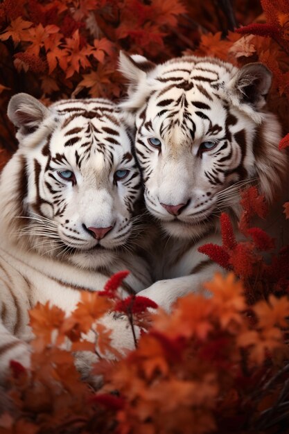 View of wild white tigers with leaves