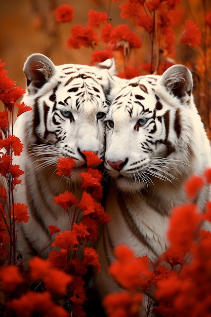 Дикие белые тигры с растительностью