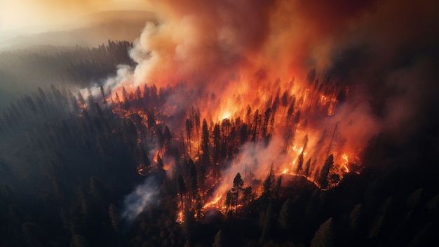 Вид лесной пожара, горящей природы