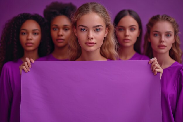 Вид женщины с пустым фиолетовым плакатом для празднования Дня женщин