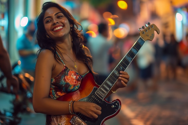 View of woman playing electric guitar instrument