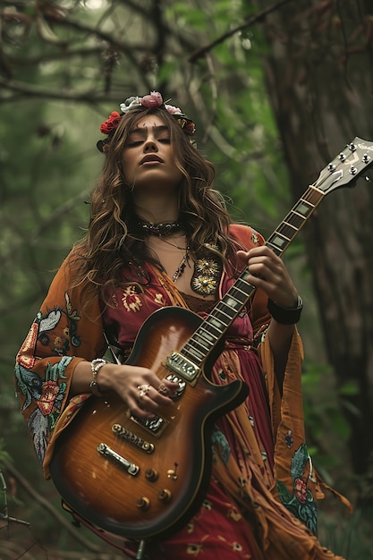 Foto gratuita vista di una donna che suona la chitarra elettrica