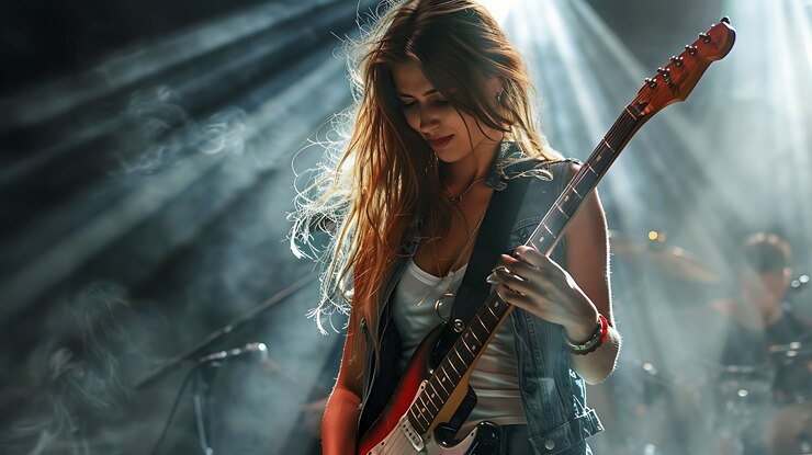 Free Photo view of woman playing electric guitar instrument