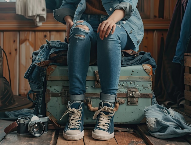 Free photo view of woman sitting on vacation luggage