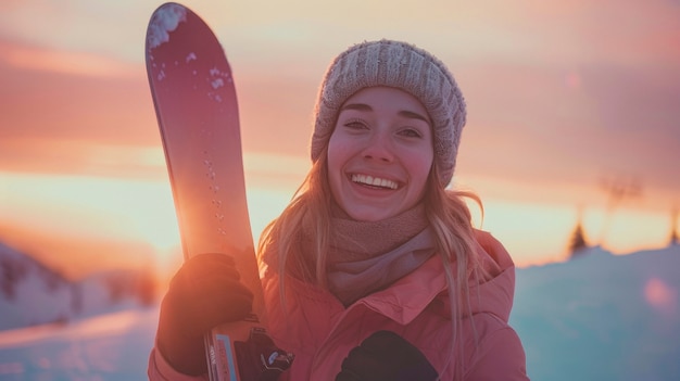 Free photo view of woman snowboarding with pastel shades and dreamy landscape
