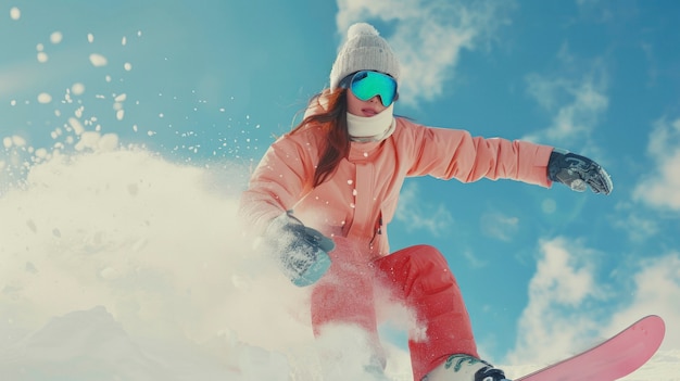 Foto gratuita vista di una donna che fa snowboard con sfumature pastello e paesaggio da sogno