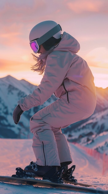 Foto gratuita vista di una donna che fa snowboard con sfumature pastello e paesaggio da sogno