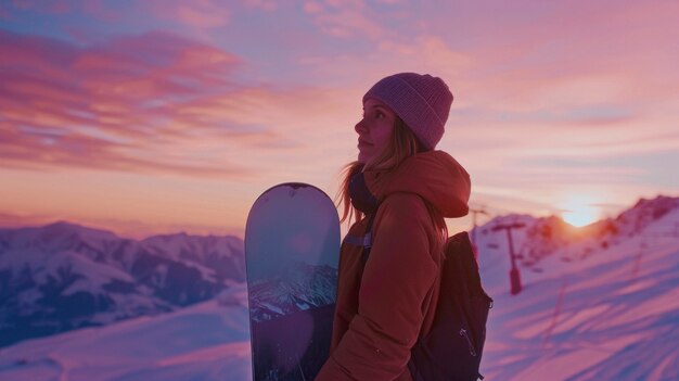 Вид женщины, катающейся на сноуборде с пастельными оттенками и мечтательным пейзажем