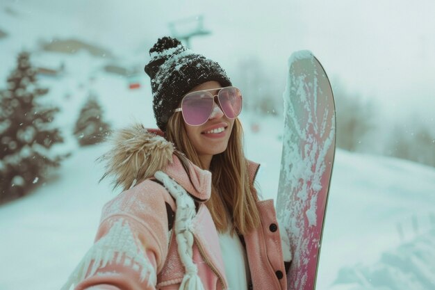 View of woman snowboarding with pastel shades and dreamy landscape