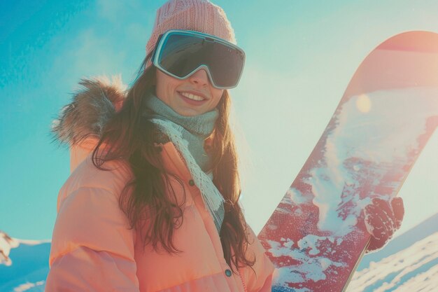 View of woman snowboarding with pastel shades and dreamy landscape