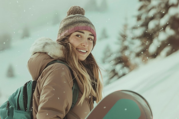 Foto gratuita vista di una donna che fa snowboard con sfumature pastello e paesaggio da sogno