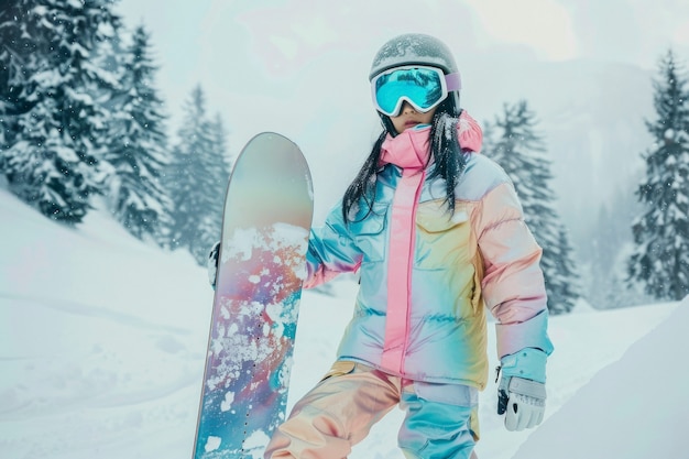 View of woman snowboarding with pastel shades and dreamy landscape