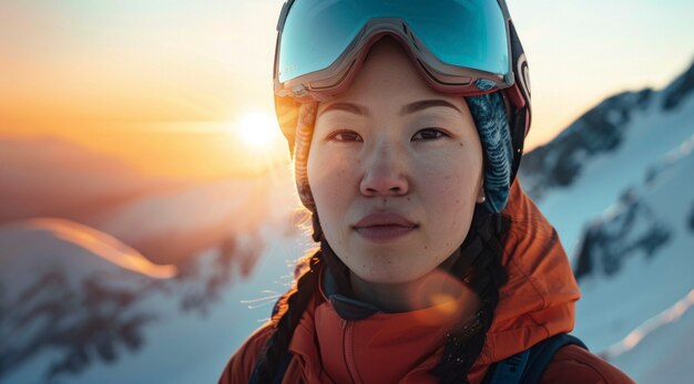 View of woman snowboarding with pastel shades and dreamy landscape