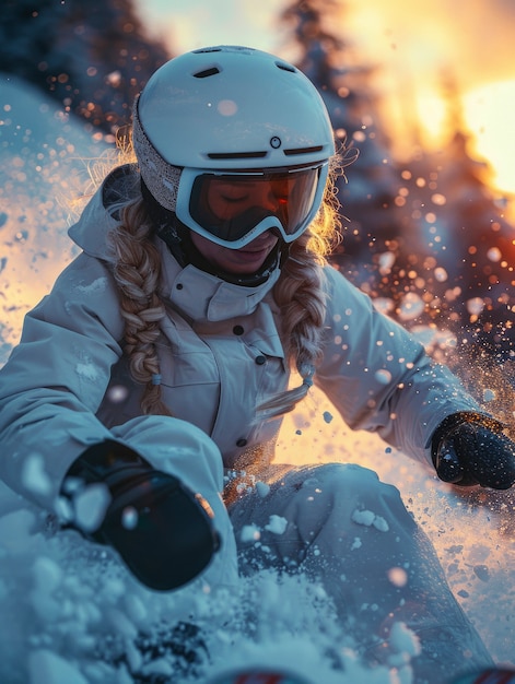 View of woman snowboarding with pastel shades and dreamy landscape