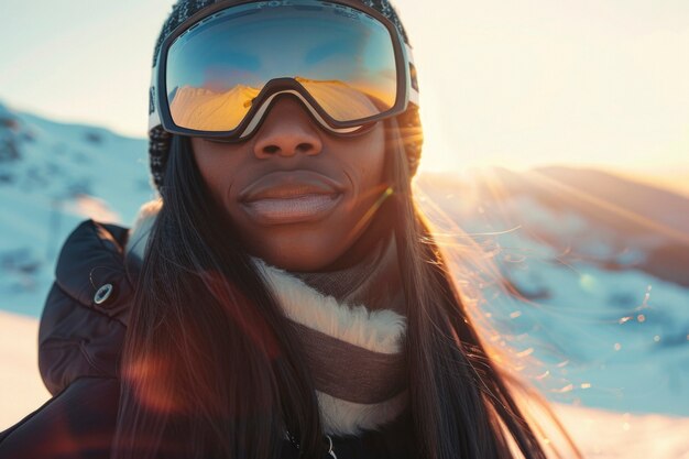 View of woman snowboarding with pastel shades and dreamy landscape