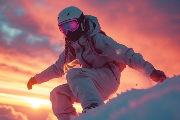 Вид женщины, катающейся на сноуборде с пастельными оттенками и мечтательным пейзажем