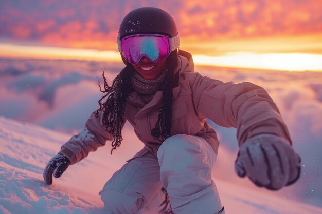 View of woman snowboarding with pastel shades and dreamy landscape