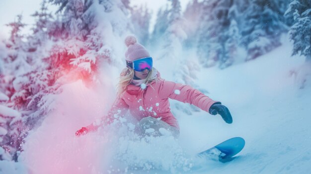 Free photo view of woman snowboarding with pastel shades and dreamy landscape