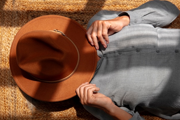 View of woman wearing stylish fedora hat