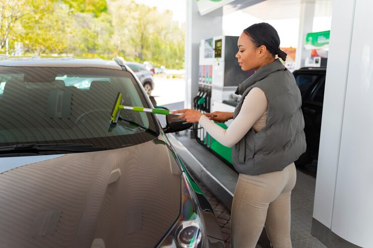 Free Photo view of woman with car at the gas station