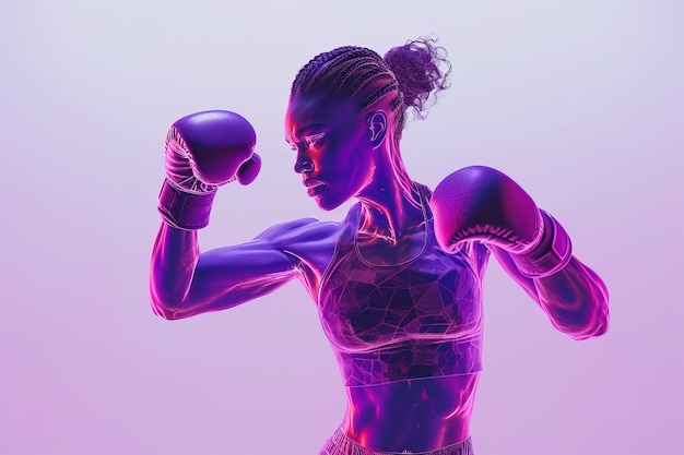 Foto gratuita veduta di una donna con guanti da boxe viola per la celebrazione della giornata della donna