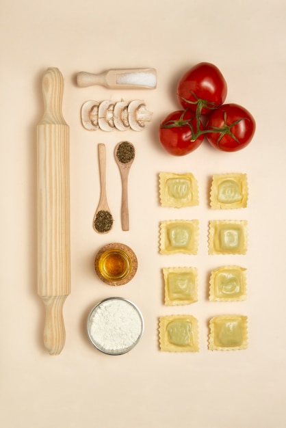 Above view wooden kitchen tools  and ingredients